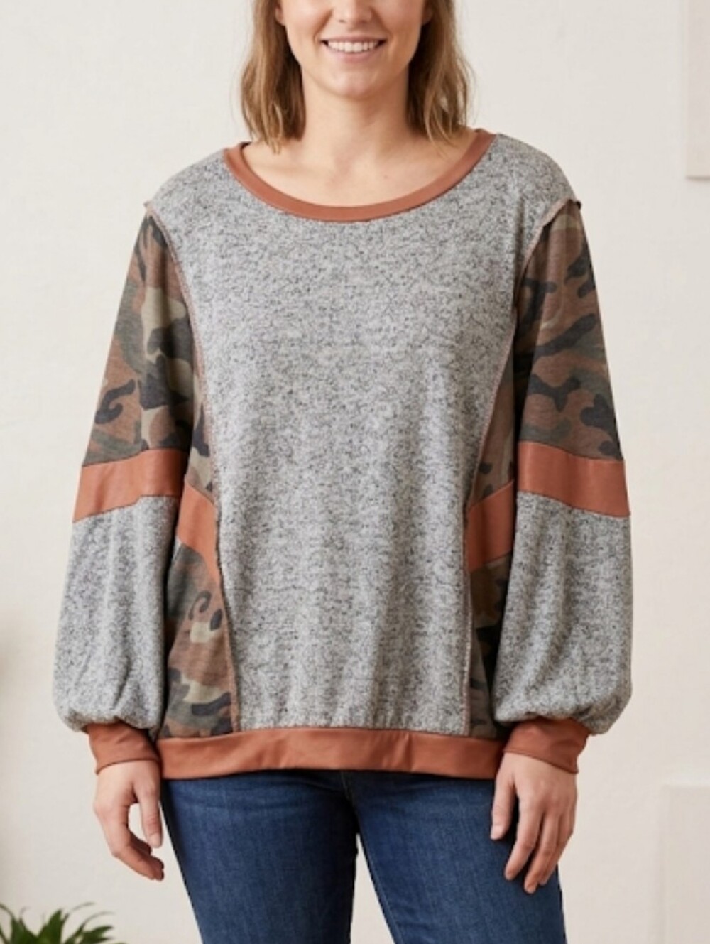 Haptics Womenscmixed Media Camo Gray Colorblock Oversized Pullover